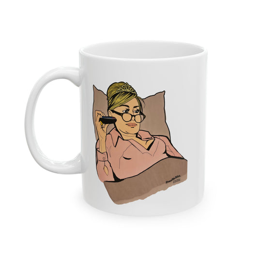 RHONY Sonja in bed with a Crown, Ceramic Mug, (11oz, 15oz) featuring Sonja Morgan