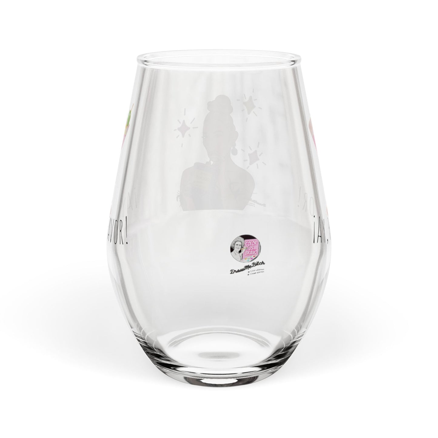 RHOM Marysol Cockies Ay Por Favor!, 12oz Stemless Wine Glass, featuring Marysol Patton